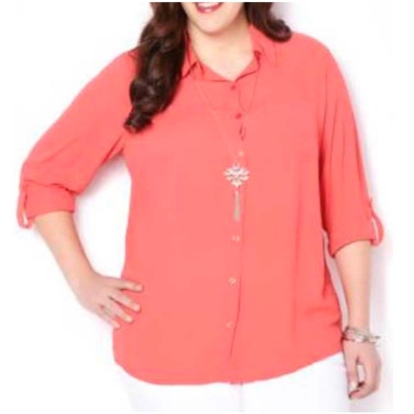BLOUSE, CREPE BUTTON DOWN, WATERMELON, SIZE 4X, POLYESTER, EASY CARE, PENNINGTON - Picture 1 of 1